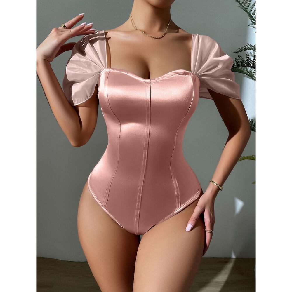 Princess Aurora Pink Satin Body Suit with Ruffle Puffy Sleeves Size S